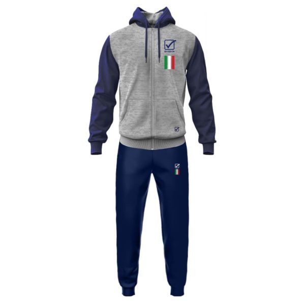 tuta italia 101 givova grigio chiaro melange blu nazionale con stemma dell'italia sul petto logo ricamato cappuccio zip e tasche laterali